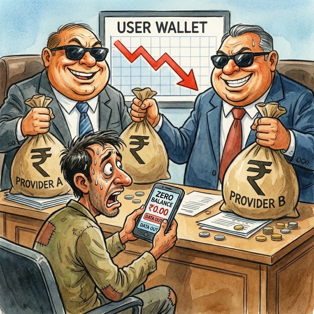 Satirical illustration about prepaid balance deduction